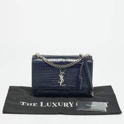 مملوكة مسبقًا Saint Laurent Sunset Medium Navy Blue Croc Embossed Leather Shoulder Bag