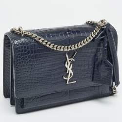 مملوكة مسبقًا Saint Laurent Sunset Medium Navy Blue Croc Embossed Leather Shoulder Bag