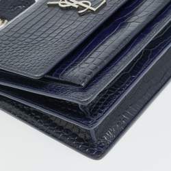 مملوكة مسبقًا Saint Laurent Sunset Medium Navy Blue Croc Embossed Leather Shoulder Bag