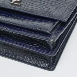 مملوكة مسبقًا Saint Laurent Sunset Medium Navy Blue Croc Embossed Leather Shoulder Bag