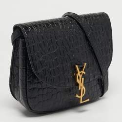 Pre Owned Saint Laurent Kaia Black Croc Embossed Leather Flap Shoulder Bag