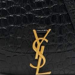 Pre Owned Saint Laurent Kaia Black Croc Embossed Leather Flap Shoulder Bag