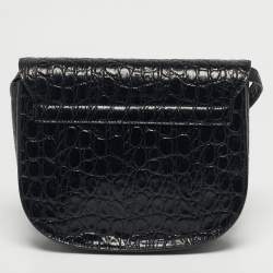 Pre Owned Saint Laurent Kaia Black Croc Embossed Leather Flap Shoulder Bag