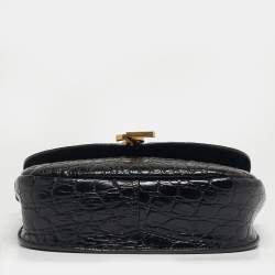 Pre Owned Saint Laurent Kaia Black Croc Embossed Leather Flap Shoulder Bag
