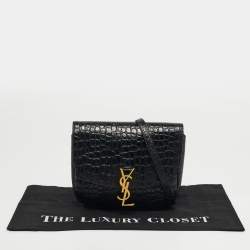 Pre Owned Saint Laurent Kaia Black Croc Embossed Leather Flap Shoulder Bag