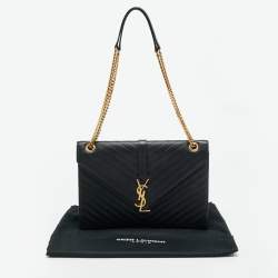 Pre Owned Saint Laurent Monogram Envelope Large Black Matelasse Leather Shoulder Bag