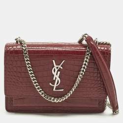 Pre Owned Saint Laurent Sunset Small Red Croc Embossed Leather Shoulder Bag