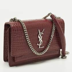 Pre Owned Saint Laurent Sunset Small Red Croc Embossed Leather Shoulder Bag