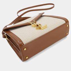 Pre Owned Saint Laurent Cassandra Mini Beige Brown Canvas Leather Shoulder Bag