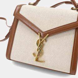 Pre Owned Saint Laurent Cassandra Mini Beige Brown Canvas Leather Shoulder Bag