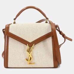 Pre Owned Saint Laurent Cassandra Mini Beige Brown Canvas Leather Shoulder Bag