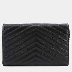 مملوكة مسبقًا Saint Laurent Cassandra Black Leather Wallet on Chain