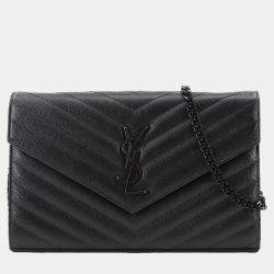 Pre Owned Saint Laurent Cassandra Black Leather Wallet on Chain