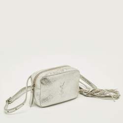 Pre Owned سان لوران حقيبة خصر جلدية فضية متشققة قابلة للتحويل