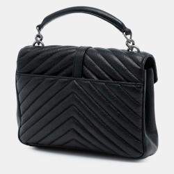 Pre Owned Saint Laurent Paris Black Medium Chevron Sheepskin Monogram College Satchel