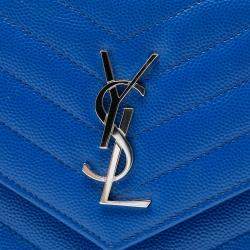 Pre Owned Saint Laurent Paris Blue Grain De Poudre Chevron Monogram Envelope Chain Wallet