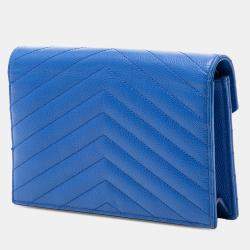 Pre Owned Saint Laurent Paris Blue Grain De Poudre Chevron Monogram Envelope Chain Wallet