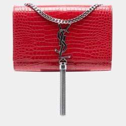 Pre Owned Saint Laurent Paris Red Small Embossed Leather Kate Tassel Crossbody