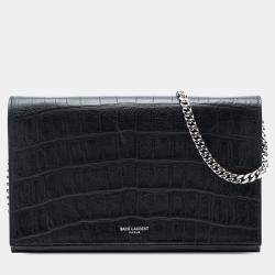 Pre Owned Saint Laurent Paris Black Croc Embossed Leather Wallet On Chain