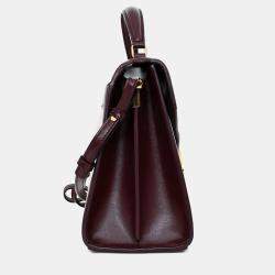 Pre Owned Saint Laurent 2020 Cream/Burgundy Canvas Leather-Trimmed Medium Cassandra Top Handle
