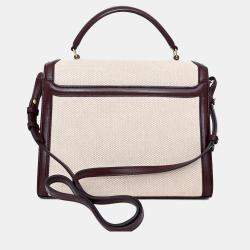 Pre Owned Saint Laurent 2020 Cream/Burgundy Canvas Leather-Trimmed Medium Cassandra Top Handle