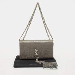 Pre Owned Saint Laurent Kate Tassel Medium Grey Croc Embossed Leather Shoulder Bag