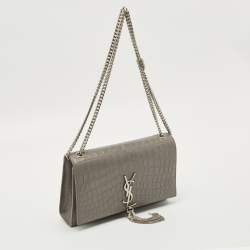 Pre Owned Saint Laurent Kate Tassel Medium Grey Croc Embossed Leather Shoulder Bag