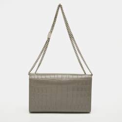 Pre Owned Saint Laurent Kate Tassel Medium Grey Croc Embossed Leather Shoulder Bag
