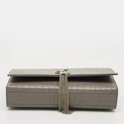 Pre Owned Saint Laurent Kate Tassel Medium Grey Croc Embossed Leather Shoulder Bag