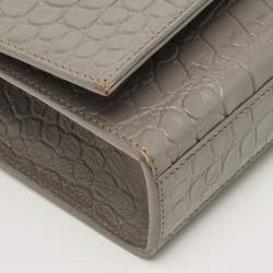 Pre Owned Saint Laurent Kate Tassel Medium Grey Croc Embossed Leather Shoulder Bag