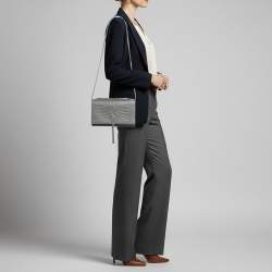 Pre Owned Saint Laurent Kate Tassel Medium Grey Croc Embossed Leather Shoulder Bag