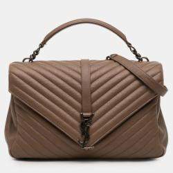 Pre Owned Saint Laurent Paris Brown Large Quilted Chevron Sheepskin College Satchel