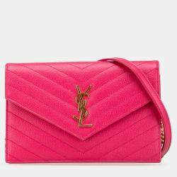 Pre Owned Saint Laurent Paris Pink Grain De Poudre Cassandre Envelope Chain Wallet