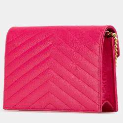 Pre Owned Saint Laurent Paris Pink Grain De Poudre Cassandre Envelope Chain Wallet