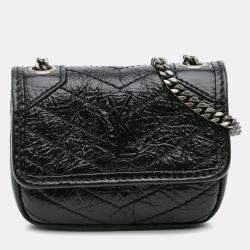 Pre Owned حافظة ايربودز سان لوران باريس نيكاي جلد صغير أسود متجعد بسلسلة