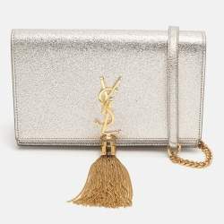Pre Owned Saint Laurent Paris Kate Tassel Silver Glitter Wallet On Chain