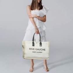 Pre Owned Saint Laurent Rive Gauche Shopper Tricolor Canvas and Leather Tote
