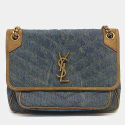 مملوكة مسبقًا حقيبة كتف سان لوران باريس نيكي مونوغرام دنيم بيج/أزرق
