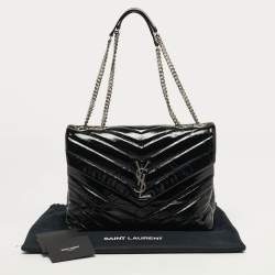 Pre Owned Saint Laurent LouLou Medium Black Matelassé Patent Leather Shoulder Bag