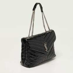 Pre Owned Saint Laurent LouLou Medium Black Matelassé Patent Leather Shoulder Bag