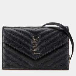 مملوكة مسبقًا Saint Laurent Paris Black Grain De Poudre Matelasse Chevron Monogram Chain Wallet