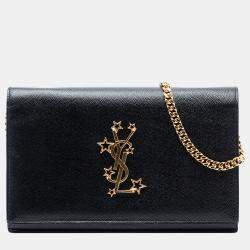 Pre Owned Saint Laurent Paris Black Grain De Poudre Star Monogram Wallet On Chain