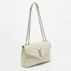 Pre Owned Saint Laurent Loulou Small Light Beige Matelassé Leather Shoulder Bag