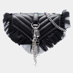 Pre Owned Saint Laurent Paris Black Baby Goatskin Tulle Chevron Monogram Classic Punk Chain Bag