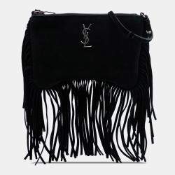 مملوكة مسبقًا Saint Laurent Paris Black Suede Monogram Fringe Crossbody
