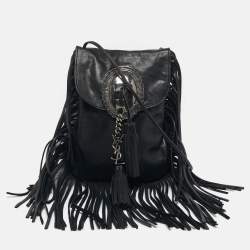Pre Owned Saint Laurent Anita Fringed Black Leather Shoulder Bag