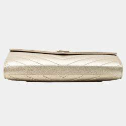 Pre Owned Saint Laurent Paris Gold Metallic Grain De Poudre Matelasse Chevron Monogram Chain Wallet