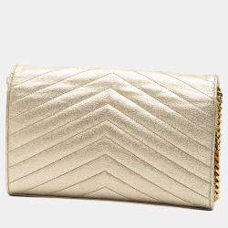 Pre Owned Saint Laurent Paris Gold Metallic Grain De Poudre Matelasse Chevron Monogram Chain Wallet
