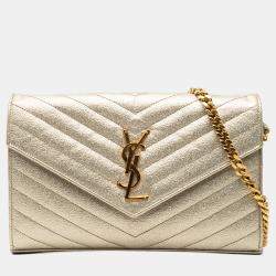 Pre Owned Saint Laurent Paris Gold Metallic Grain De Poudre Matelasse Chevron Monogram Chain Wallet