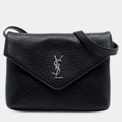 Pre Owned Saint Laurent Paris Black Lambskin Monogram Cassandre Envelope Messenger Bag